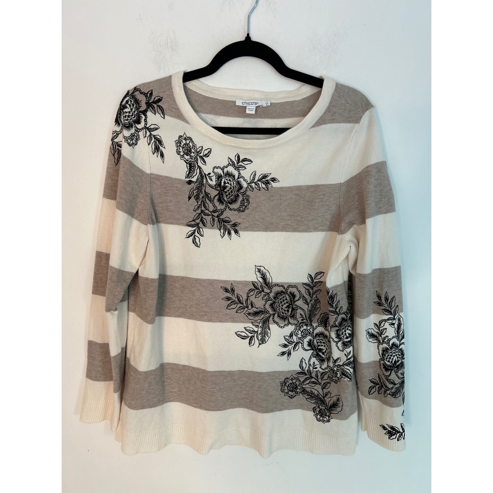 Chicos Striped Floral Embroidered Cashmere Blend Sweater Tan Cream Size 1 M